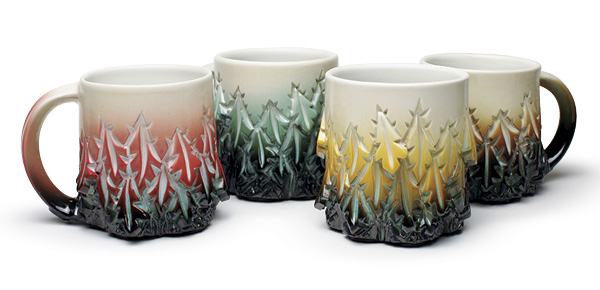 1 Dow Redcorn’s short mugs, 5 in. (12.7 cm) in height, wheel-thrown and altered stoneware, underglaze, clear gloss or matte glaze, fired to cone 7. Photo: Silvia Palmer.