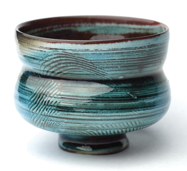 3 Will Talbot’s tea cup, 3 in. (7.6 cm) in height, Sheffield 92700 porcelain, Higby Water Blue, fired to cone 11, 2023.