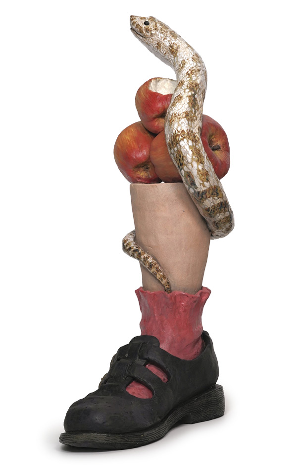 1 Clarissa Pezone's Eve and Adder, 16½ in. (41.9 cm) in height, stoneware, underglaze, glaze, fired in oxidation to cone 6, 2025.