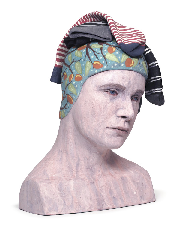 2 Clarissa Pezone's Sock head, 16½ in. (34.3 cm) in height, earthenware, underglaze, glaze, fired in oxidation to cone 04, 2025. Photos: Jacob Lindauer.