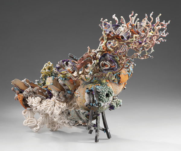 1 Gabriel John Poucher's superabundance II, 36 in. (91.4 cm) in width, paper clay (stoneware, porcelain), glaze, underglaze, multiple firings to cones 04–10, 2024.