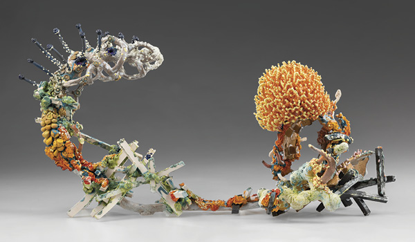 2 Gabriel John Poucher's superabundance III, 24 in. (61 cm) in height, paper clay (stoneware, porcelain), glaze, underglaze, multiple firings to cones 04–10, 2024. Photos: Brian Oglesbee.