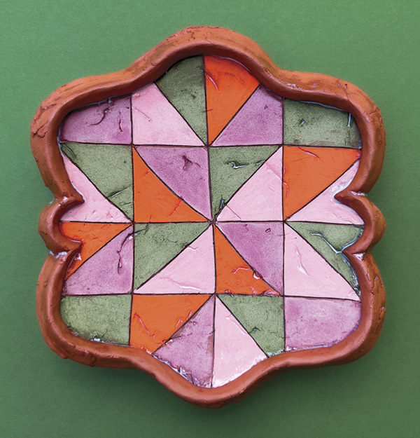 1 Jaden Estes Carlson's Impressions of Pattern No. 1, 6 in. (15.2 cm) in height, terra cotta, terra sigillata, underglaze, glaze, fired to cone 04 in oxidation, 2024.