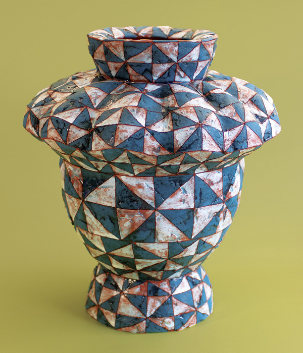 2 Jaden Estes Carlson's Quilted Vessel No. 1, 11 in. (27.9 cm) in height, terra cotta, terra sigillata, underglaze, glaze, fired to cone 04 in oxidation, 2024.