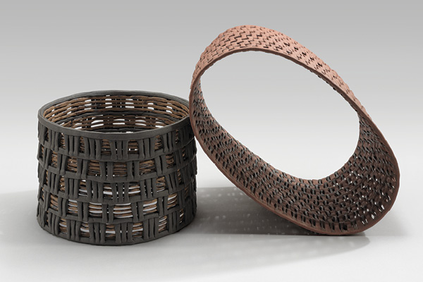 2 Karyn Gabriel's Homage to Anni (left) and Permeable Presence (right), to 13½ in. (34.3 cm) in width, stoneware, fired cone 6, 2024. Photo: John Janca.