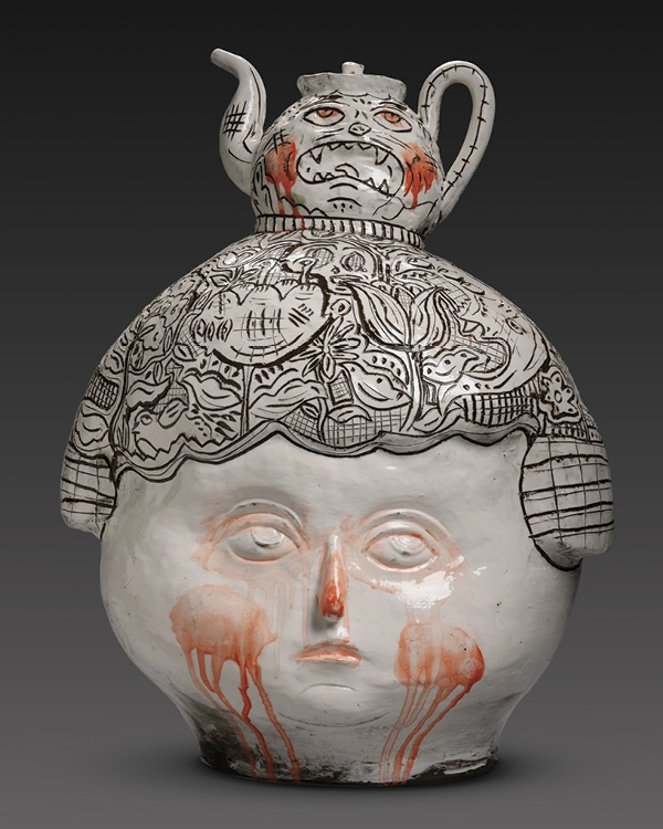 1 Kyle Lascelle's Severed Toby (vicissi-atti-tude), 24 in. (61 cm) in diameter, dark stoneware, fired in oxidation to cone 5, 2024.