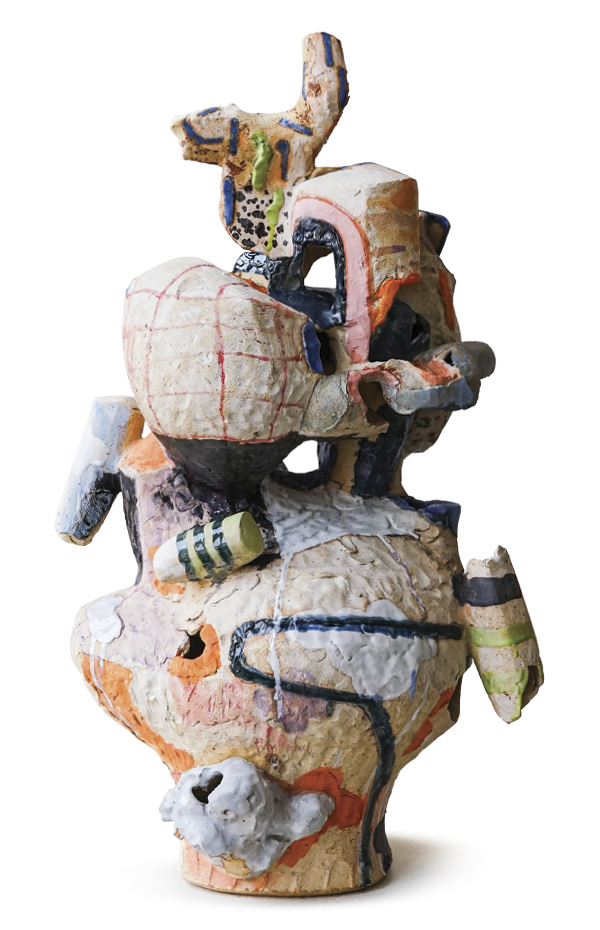 1 Laura Dirksen's Composition w/ Teal + Orange, 28 in. (71 cm) in height, stoneware, slip, underglaze wash, glaze, fired in oxidation to cone 6, 2024. Photo: Austin Coudriet.