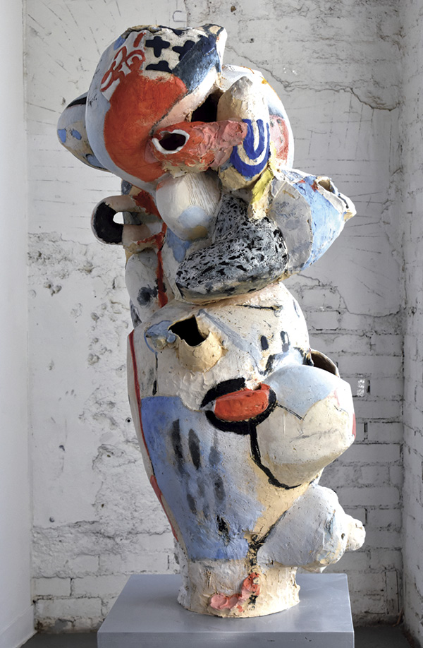 2 Laura Dirksen's Edgar Surprise Lux Tempo, 4 ft 1 in. (1.2 m) in height, stoneware, slip, underglaze wash, glaze, fired in oxidation to cone 6, 2021. Photo: David Kruk.