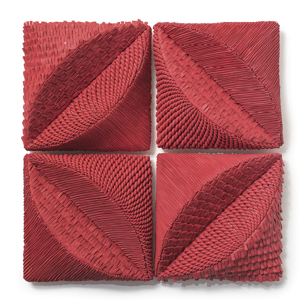 1 Natalie Thedford's Four Ceramic Quilt Blocks, 24 in. (61 cm) in height, low fired in oxidation, ceramic, acrylic, wood, E6100, 2024. Photo: Andrew Castañeda.