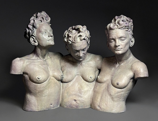1 Phoebe Scott's  Fates, 26 in. (66 cm) in width, stoneware, underglaze, fired to cone 01 in an electric kiln, gouache, milk paint, paint, wax, 2024.