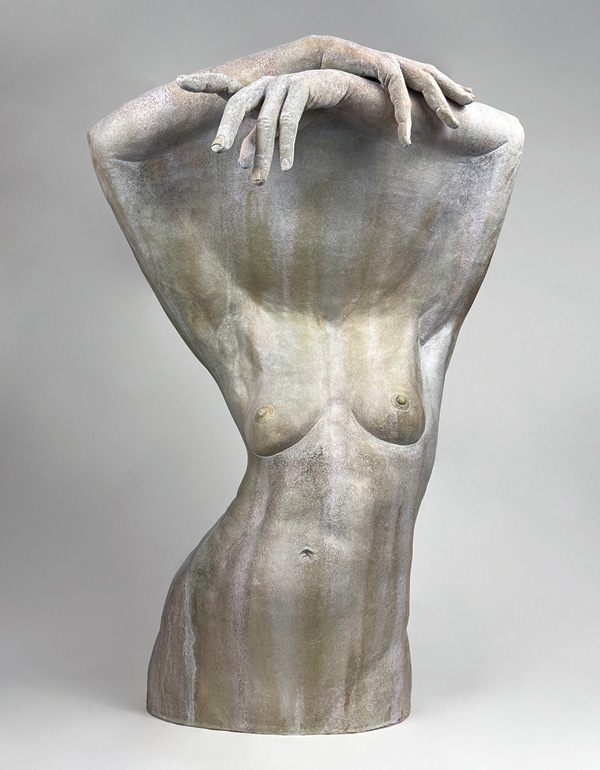 2 Phoebe Scott's Threshold, 26 in. (66 cm) in height, stoneware, underglaze, fired to cone 01 in an electric kiln, wax, 2024.