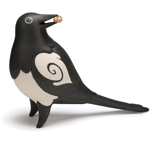 2 Shannon owo Webb's Magpie’s Treasure, 10½ in. (26.7 cm) in width, porcelain, underglaze, glaze, fired in oxidation to cone 6, 2025.