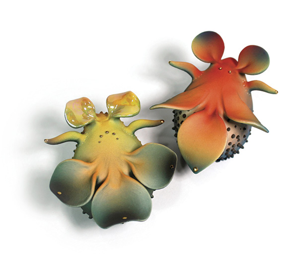 1 Daumante Stirbyte’s Beetle 1, 3 in. (7.6 cm) in height, handbuilt cone-6 porcelain, underglaze, glaze, 24k-gold luster.