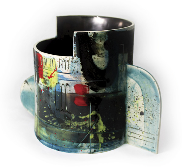 2 Daumante Stirbyte’s Geo Vessel Cup, 9 in. (22.9 cm) in diameter, handbuilt cone-6 porcelain, underglaze, glaze, wire.