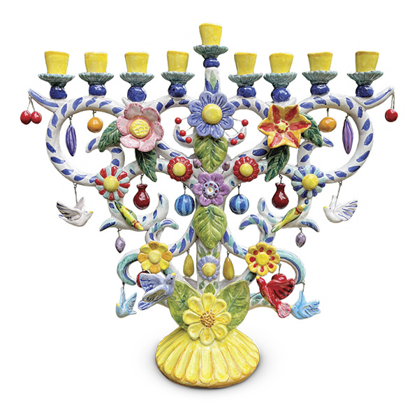 1 Liz Lauter’s Tree of Life Menorah, 19 in. (48.3 cm) in height, handbuilt and sculpted terra cotta, majolica glaze, hand-painted ceramic colors, high-temperature wire, fired in oxidation to low-range temperature, 2024.