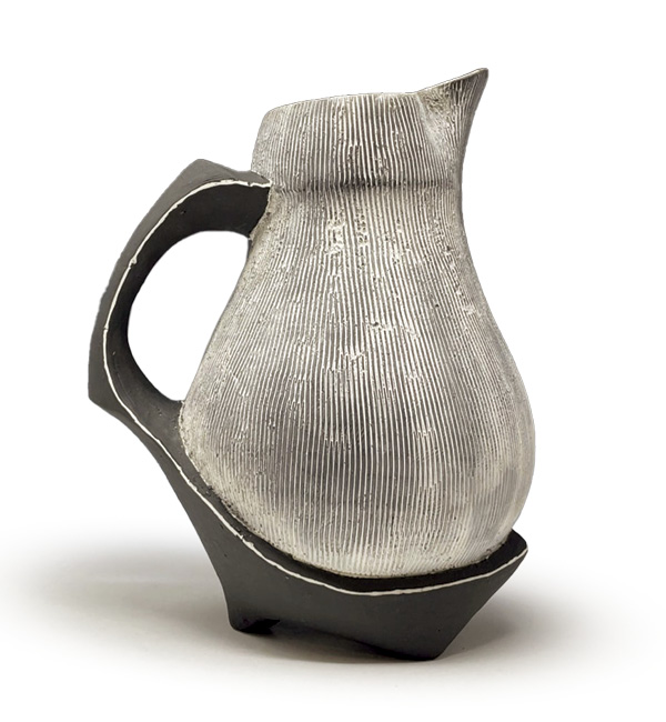 1 Brian Chen’s pitcher, 9 in. (22.9 cm) in height, wheel-thrown, sculpted, and altered porcelain, fired to cone 6, 2024.