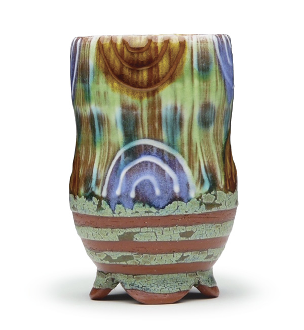 2 Ronan Kyle Peterson’s Curvy Cup, 6 in. (15.2 cm) in height, wheel-thrown and altered red earthenware, layered slips, terra sigillatas, glazes, fired in oxidation to cone 03, 2025.