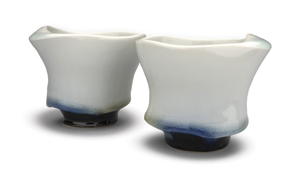 3 Noel Bailey’s Cornice Cups, 3½ in. (8.9 cm) in height, wheel-thrown and handbuilt porcelain, fired in reduction to cone 10, 2025.
