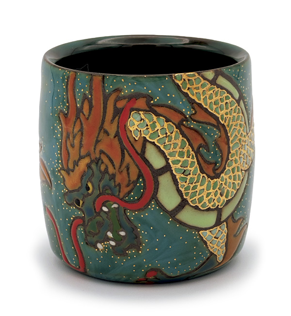 4 Ishara Sweeney’s Dragon Yunomi, 3¼ in. (8.3 cm) in height, dark stoneware, underglaze, clear glaze, fired to cone 6, 22k-gold luster, 2024.