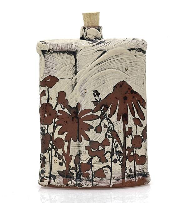 5 Sam Oliver’s Garden Flask, 5½ in. (14 cm) in height, slab-built earthenware, slip, underglaze, glaze, fired to cone 1 in an electric kiln, luster accents, cork, 2025.