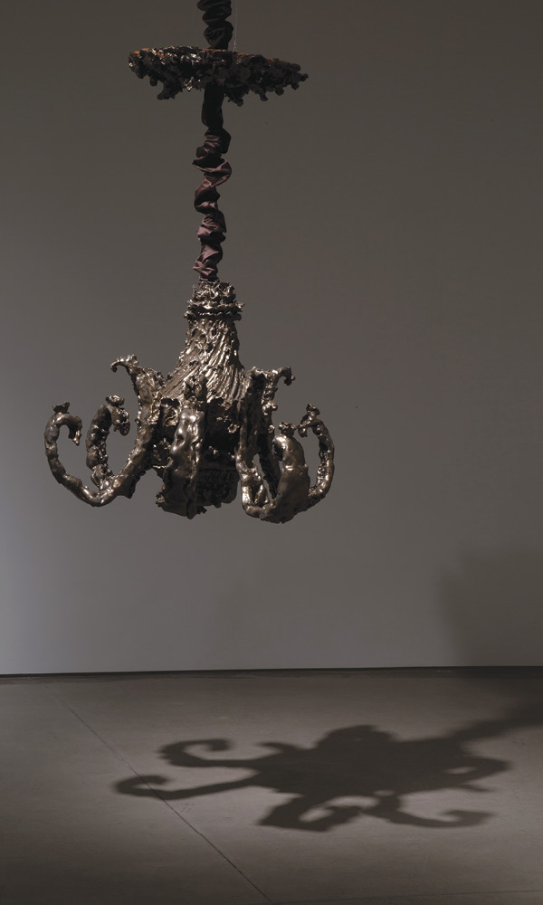 3 Paige O’Toole’s Chandelier, 3 ft. 4 in. (1 m) in height, terra cotta, glaze, epoxy, satin fabric, 2023.