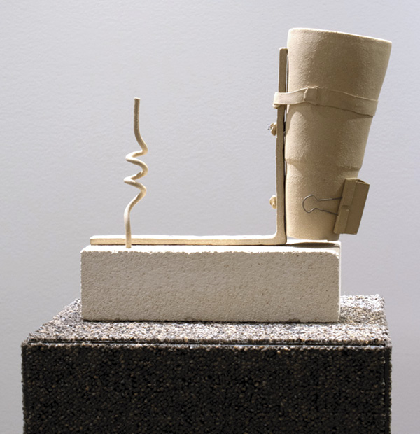 4 Sam Mack’s historical present (detail), 10½ in. (26.7 cm) in height, ceramic, glaze, carpet tile, soft brick, metal, 2024.