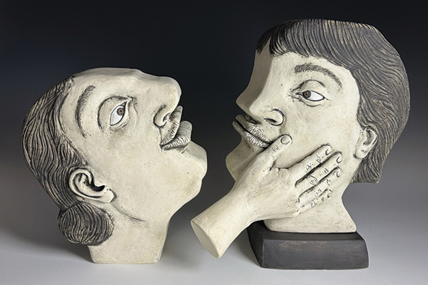 1 Cynthia Consentino’s Caress, 13 in. (33 cm) in height, earthenware, stains, glaze, 2024.