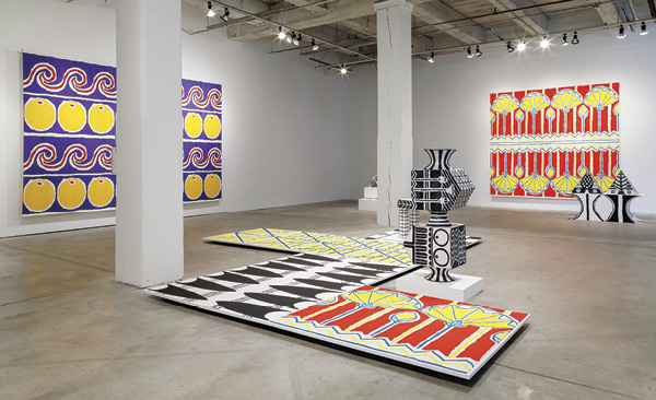2 “Minutes of Sand” (installation view), glazed earthenware, silk-screened fabric, charcoal and paint on wood. Bemis Center for Contemporary Arts in Omaha, Nebraska, December 8, 2022–April 16, 2023.