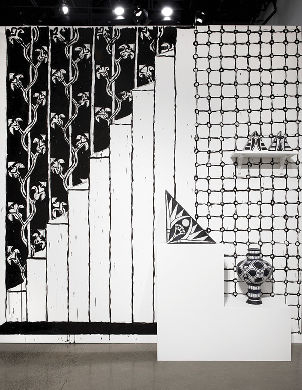 9 “15 x 15” (installation view), variable dimensions, glazed earthenware, charcoal and paint on wall. Independent Art Fair, May 2024.