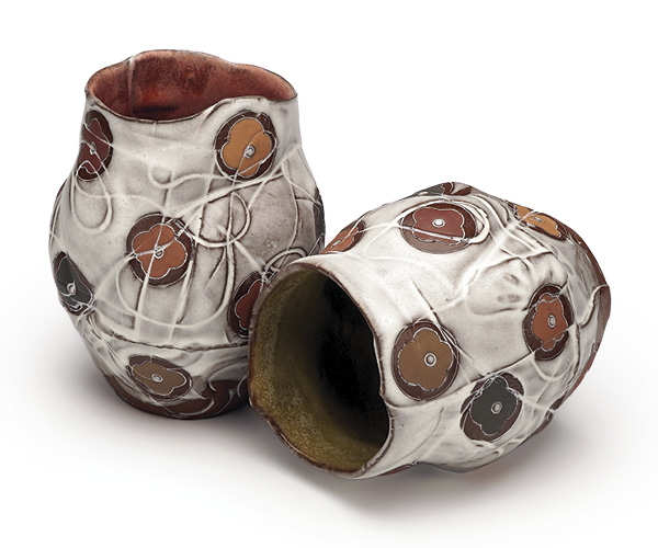 1 Breana Ferreira's Polka Patterned Cups, 4½ in. (11.4 cm) in height, stoneware, underglaze, glaze, fired in oxidation to cone 5, 2026.