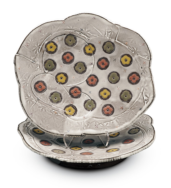 2 Breana Ferreira's Polka Patterned Plates, 10 in. (25.4 cm) in width, stoneware, underglaze, glaze, fired in oxidation to cone 5, 2026.