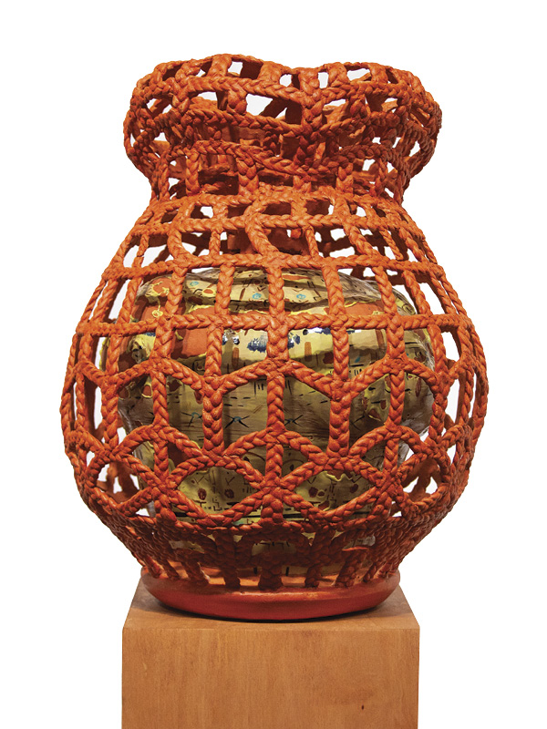 7 Chelsea McMaster’s The Caged Bird, 20 in. (50.8 cm) in height, coil-built clay, terra sigillata, vitreous slip, 2023.