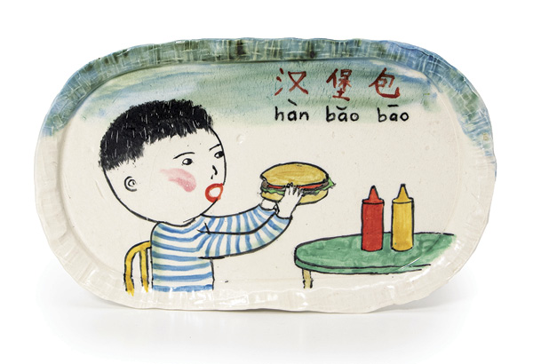 1 Beth Lo’s plate, 7 in. (18 cm) in length, handbuilt cone-10 porcelain, underglazes. Photo: Silvia Palmer.