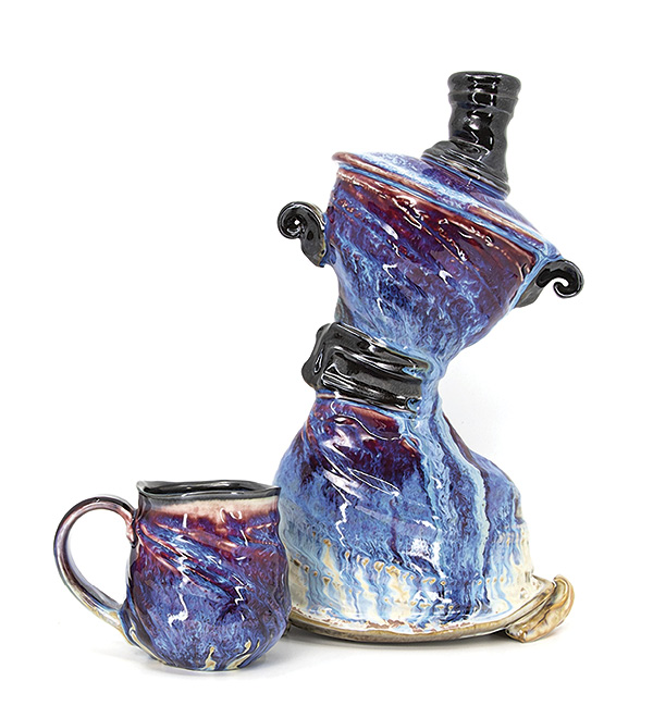 1 Shannon Long’s lidded jar and mug, to 12¼ in. (31 cm) in height, wheel-thrown and altered cone-10 porcelain, multiple glazes. Photo: Silvia Palmer.