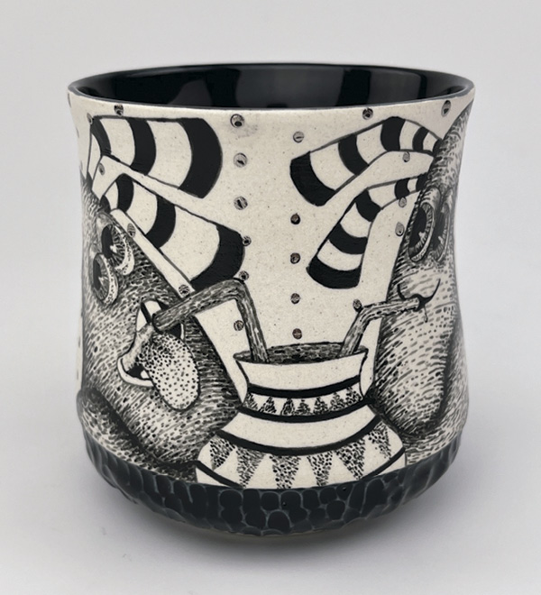 4 Stuart Asprey’s Stunomi #523b, 4 in. (10 cm) in height, Bmix, underglazes, colored slips, glaze.