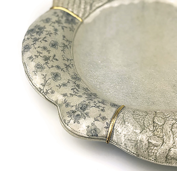 15 Puff Plate 3 (detail), 10 in. (26 cm) in diameter, stoneware, soda fired to cone 10, decal and luster fired to cone 018.