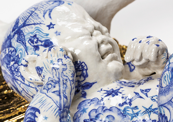 9 Lin Wang’s Still Life–Gaze from the East, various sizes, mixed-media installation of different types of clay, porcelain, cobalt blue, gold, textile, 2020–2022. Photo: Amalie Marie Selvik.