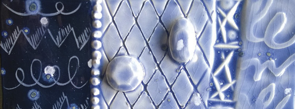 2 Mayco’s CG975 Sky Diamonds, fired to cone 04: The glaze shows off each texture including the black underglaze.