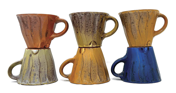 1 Jeffrey Lipton’s espresso cups, to 3 in. (8 cm) in height, slip, Terra Sigillata (see recipe for variations), Glaze Wash over Terra Sigillata, food-safe liner glaze, fired to cone 01 in oxidation.