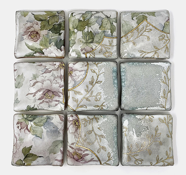 2 Marissa Childers’ Quilt Square 1, 10 in. (25 cm) in height, soda fired to cone 10, decal and luster fired to cone 018, 2021.