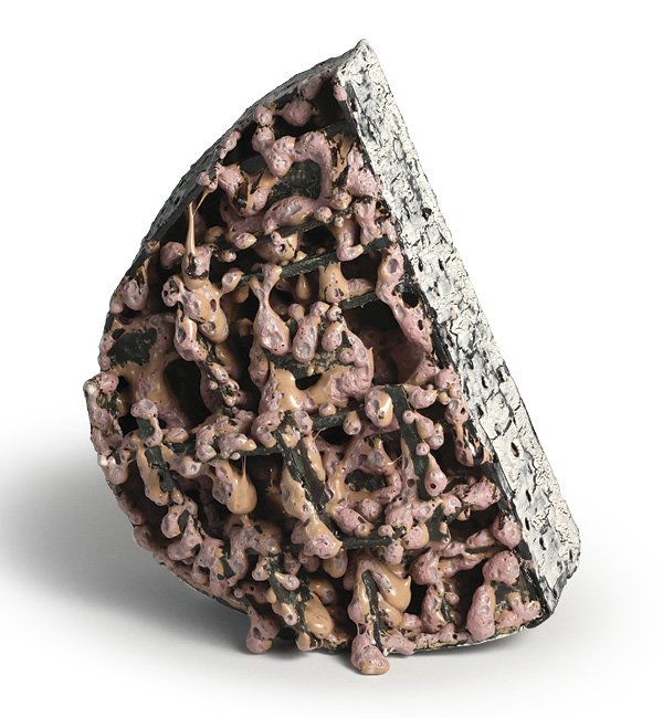 1 Jill Birschbach’s Guts, 15 in. (38.1 cm) in height, buff stoneware, slip, glaze, multiple firings, 2025.