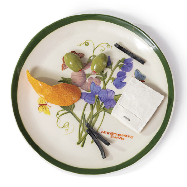 Sarah Allwine's Sweet Peas and Olives, 8 in. (20 cm) in diameter, ceramic, underglaze, 2023.