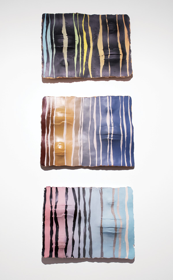 5 Justin D’Onofrio's Triptych, 27 in. (68.6 cm) in width (each), plemp-cast stoneware slip, layered clay, monoprinted Alfred shale terra sigillata, stainless steel mount, 2021.