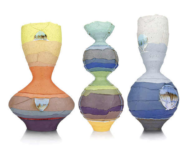 7 Justin D’Onofrio's Vessels, 14 in. (35.6 cm) in height (each), colored porcelain, shale, handbuilt, thrown, altered glaze, 2025.