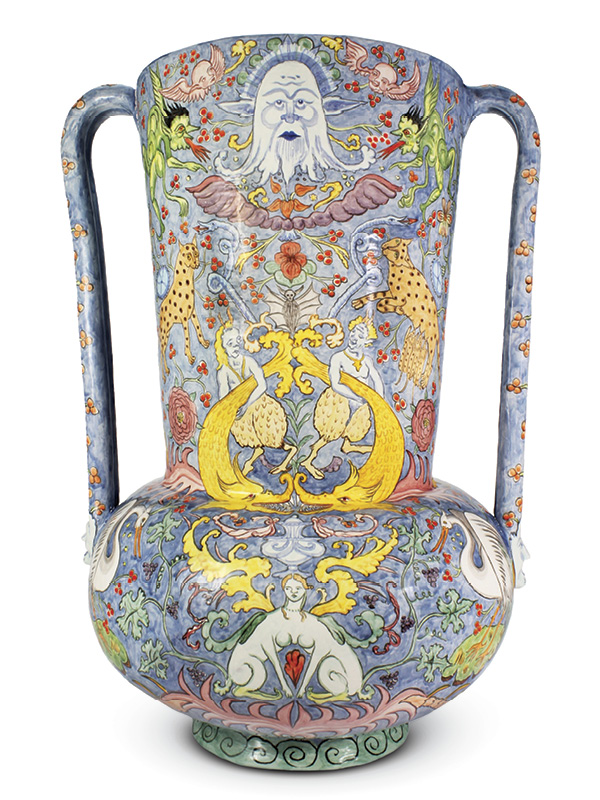 Lindsay Montgomery's Mythos Vase (back), 25¼ in. (64 cm) height, tin-glazed earthenware, 2023.