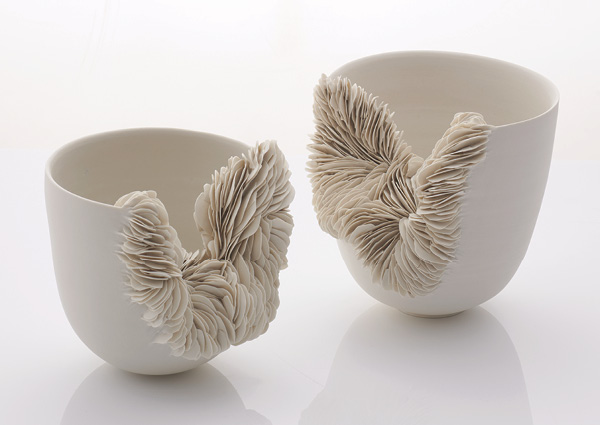 3 Olivia Walker's Two collapsed porcelain bowls, 8½ in. (22 cm) in height (approximately, each), 2020. Photo: Sylvain Deleu.