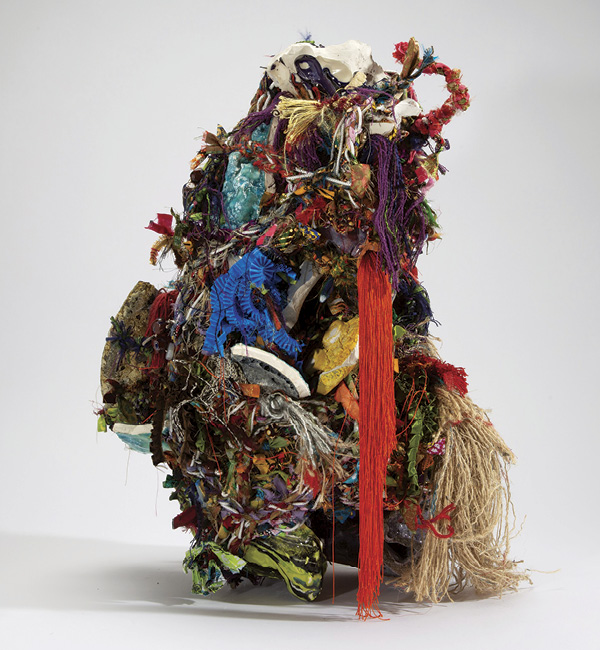 4 Ramekon O’Arwisters’ Flowered Thorns #5, 22 in. (56 cm) in height, fabric, ceramics from CSULB ceramic program, beads, pins, 2020–21. Courtesy Patricia Sweetow Gallery.