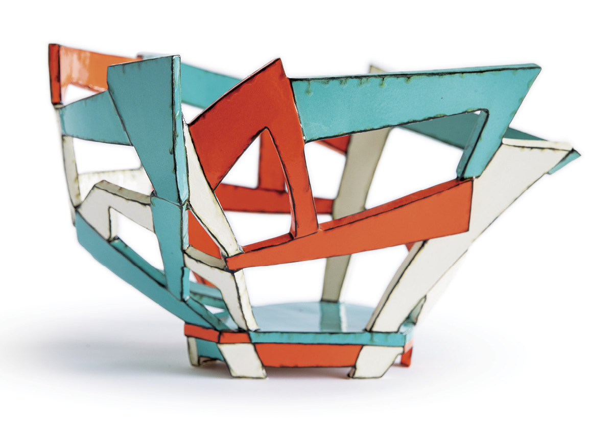 1 Turquoise/orange/white basket, 12 in. (30 cm) in height, handbuilt white earthenware, Amaco Velvet underglazes, 2021.