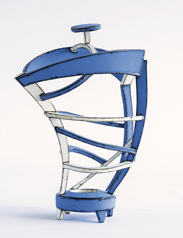 3 Blue Tornado, 15 in. (38 cm) in height, white earthenware, handbuilt, Amaco Velvet underglazes, 2021.