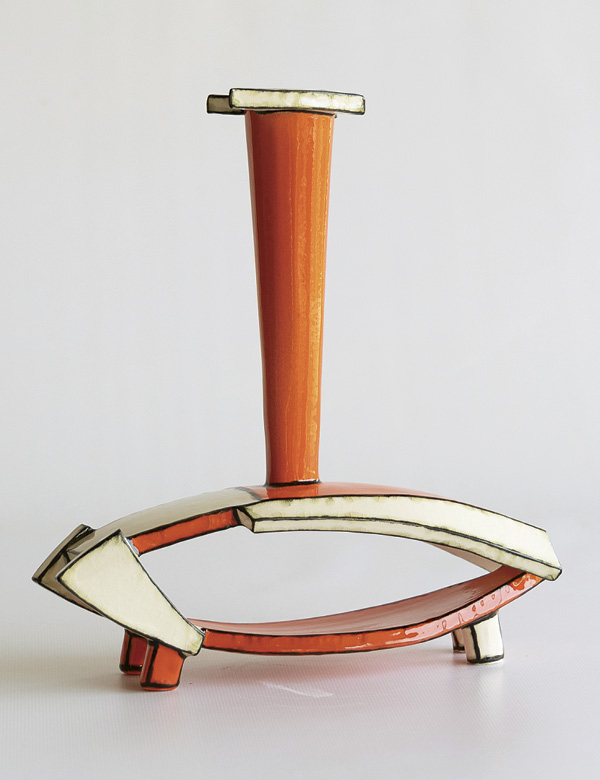 4 Orange bottle, 9 in. (23 cm) in height, handbuilt white earthenware, Amaco Velvet underglazes, 2021.
